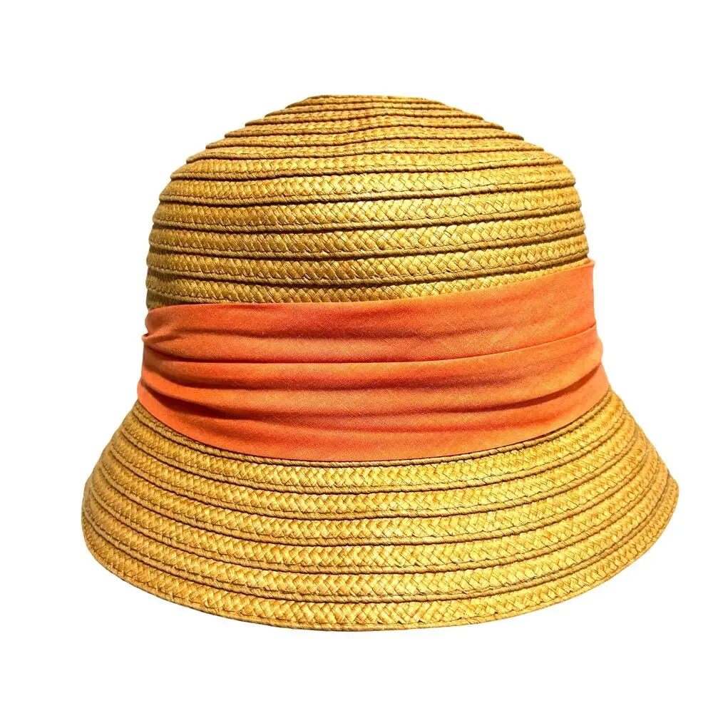 Straw bucket style sunhat with peachy pink fabric hatband cottagecore casual
